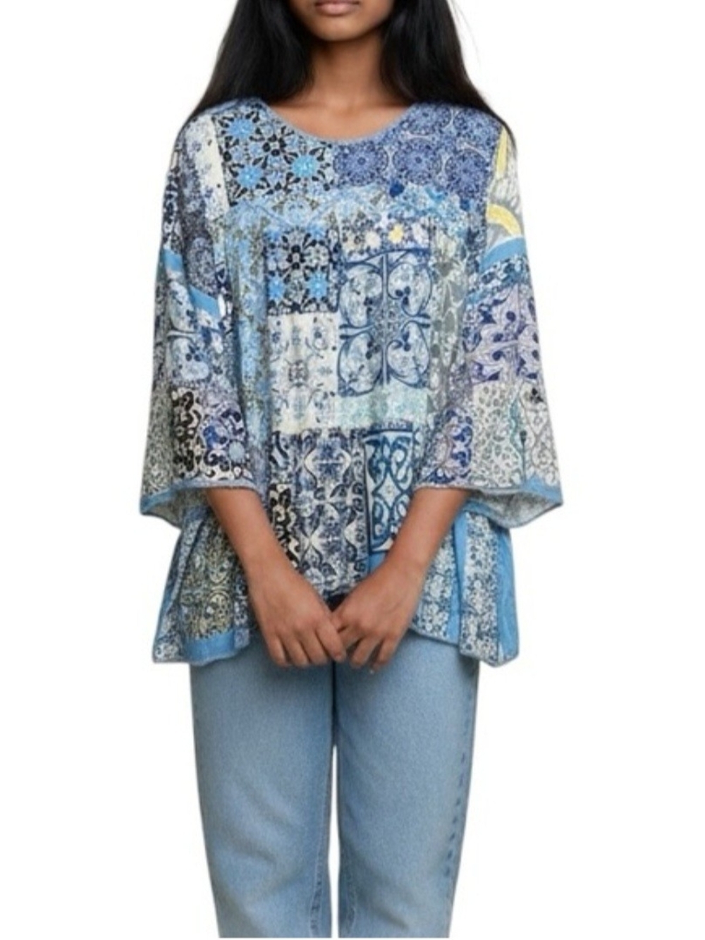 JOHNNY WAS XL Blue White Tiered Rayon Tunic Top EUC Summer Vacation